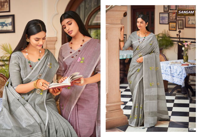 Sangam Nagma Linen Fancy Function Wear Heavy Stylish Embroidered Sarees Collection